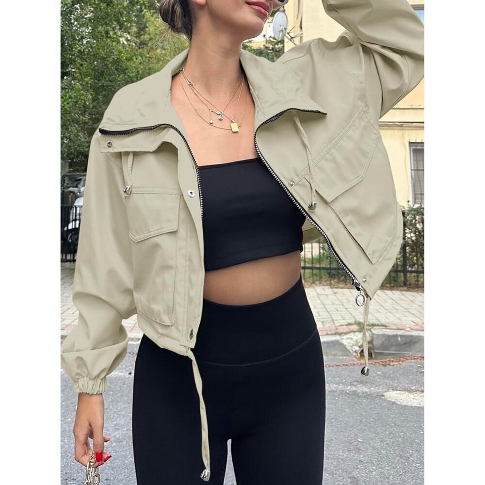 Womens Beige  Tankaneo Cropped Jacket Zip Up Oversized Utility Anorak Coat - Picture 3 of 4